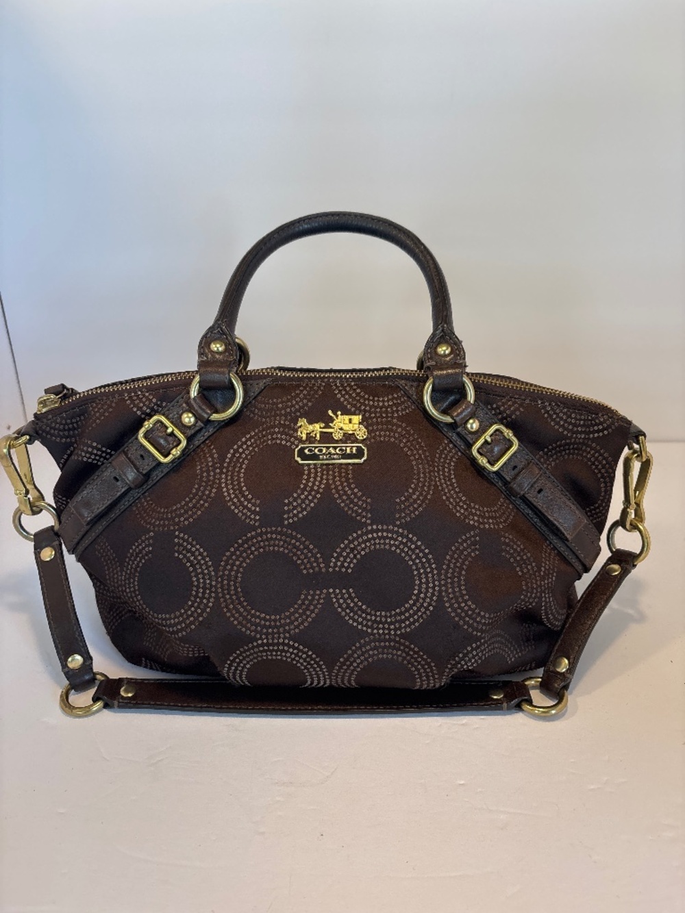 Coach Madison Dotted OP Art Sophia Satchel Chocolate Brown